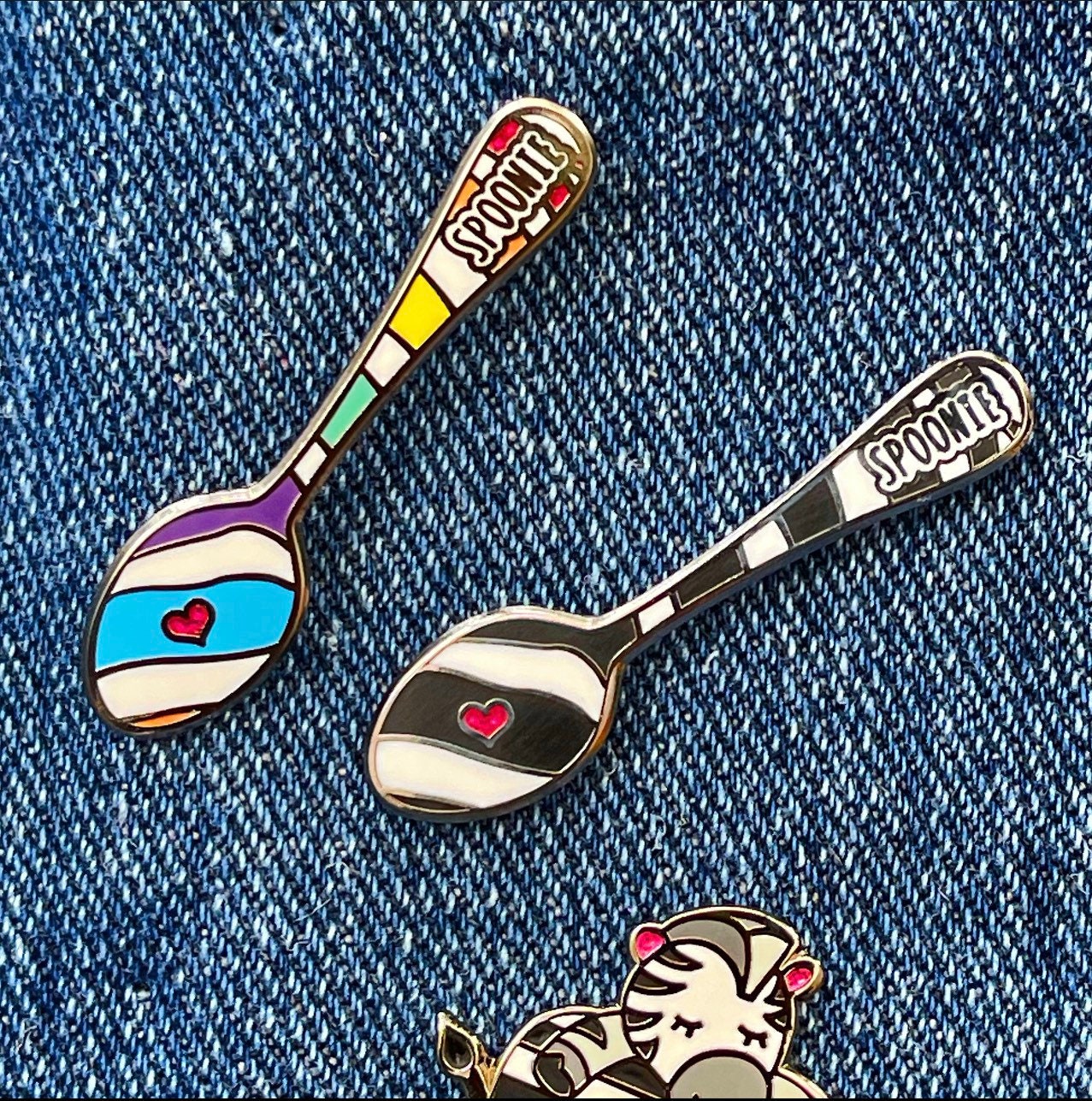 Zebra striped enamel Spoon (Spoonie) Awareness pins
