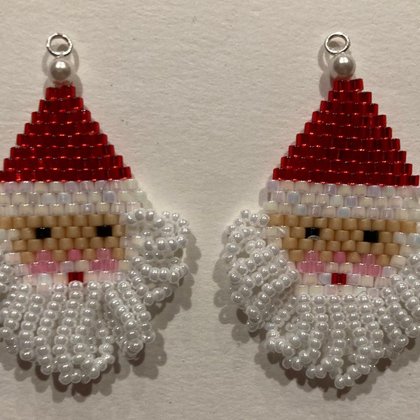 Christmas Santa is Coming to Town Earrings Pattern using Peyote, Brick Stitch, and loop fringe. Great Holiday Gift. Make with stud or wire