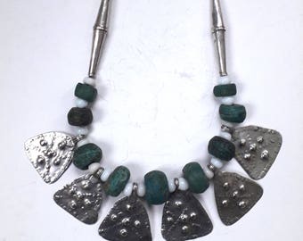 stunning necklace of Sudanese silver pendants with Hebron and white venetian beads, ethnic bedouin jewellery, collector's piece