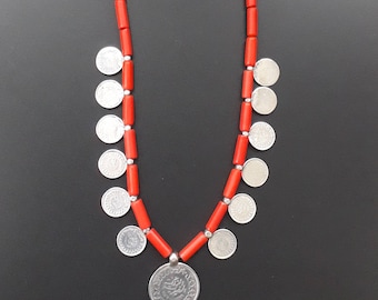 striking necklace of silver King Farouk of Egypt coins with red glass beads from Portugal
