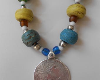 silver and Hebron bead necklace, rare African 'Maria Theresa' coin,  silver pendant, Sudanese jewellery, collector's item