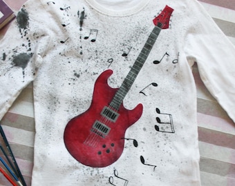 Hand Painted Red Electric Guitar T Shirt with Music Notes on Splashy background. Custom Personalized Birthday Boy Gift Tshirt.