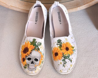 Custom Painted Shoes with Sunflowers and Skull, Soft Goth Hand Painted Sneakers. Fall Slip Ons, Halloween Shoes for Women.