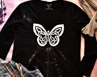 Butterfly Celtic Knot Shirt for Women, Nu Goth Grunge Handpainted Tshirt, Alternative Fashion Art T Shirt, Custom Best Friend Gift for Her.