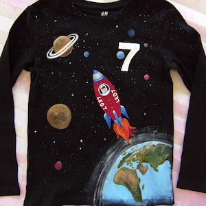Hand-painted Rocket In Space T-shirt, Painted Galaxy, Earth, Planets, Spaceship and Astronaut Shirt with Personalized Name Boy Birthday Gift