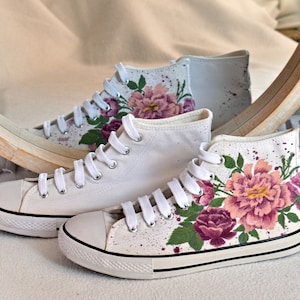 Grunge Floral Custom Sneakers, Painted High Top Shoes with Rose and Peony Flowers, Personalized Wedding Converse Trainers.