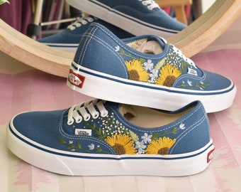 Sunflowers Embroidered Vans, Custom Vans Sneakers Floral Embroidery. Wedding Vans, match your bouquet or palette. Converse Shoes available.