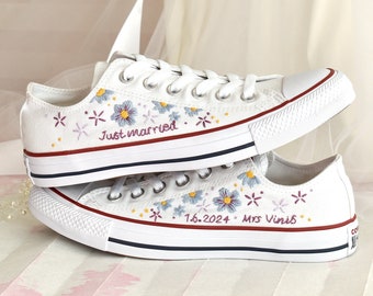 Custom Converse Floral Embroidery for Personalized Wedding with stitched Daisies. Embroidered Converse Bridal Sneakers in your color palette