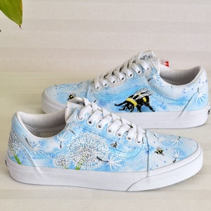 Custom Vans Shoes, Dandelion and Bee Painting on Custom Painted Sneakers, Personalized Gifts for Women. Floral Cottagecore Shoes. Mom Gift.