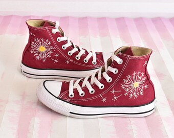 Dandelion Embroidered Converse High Tops. Floral Custom Sneakers, Mom Birthday Gift. Authentic brands shoes -TOMS, Vans, Keds also available