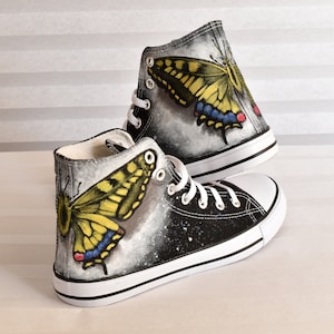 Custom Converse Trainers with Black Butterfly, Insect Hand Painted Sneakers, Butterflies Handpainted Shoes.