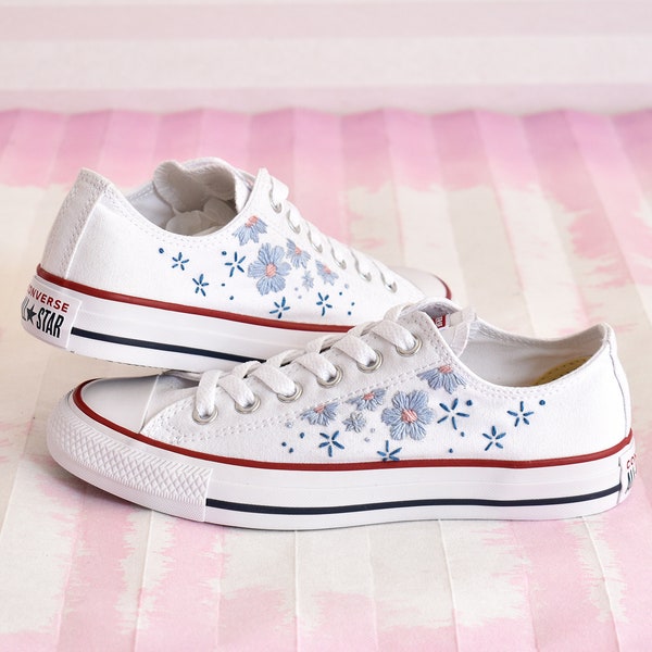 Custom Embroidery Flower Converse for Personalized Wedding with stitched Daisies. Embroidered Converse Bridal Sneakers in your color palette