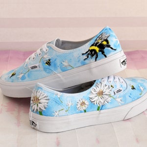 Custom Vans Shoes with Hand Painted Cornflowers and Bumblebees. Wildflowers Painted Shoes. Personalized Cottagecore Floral Shoes.