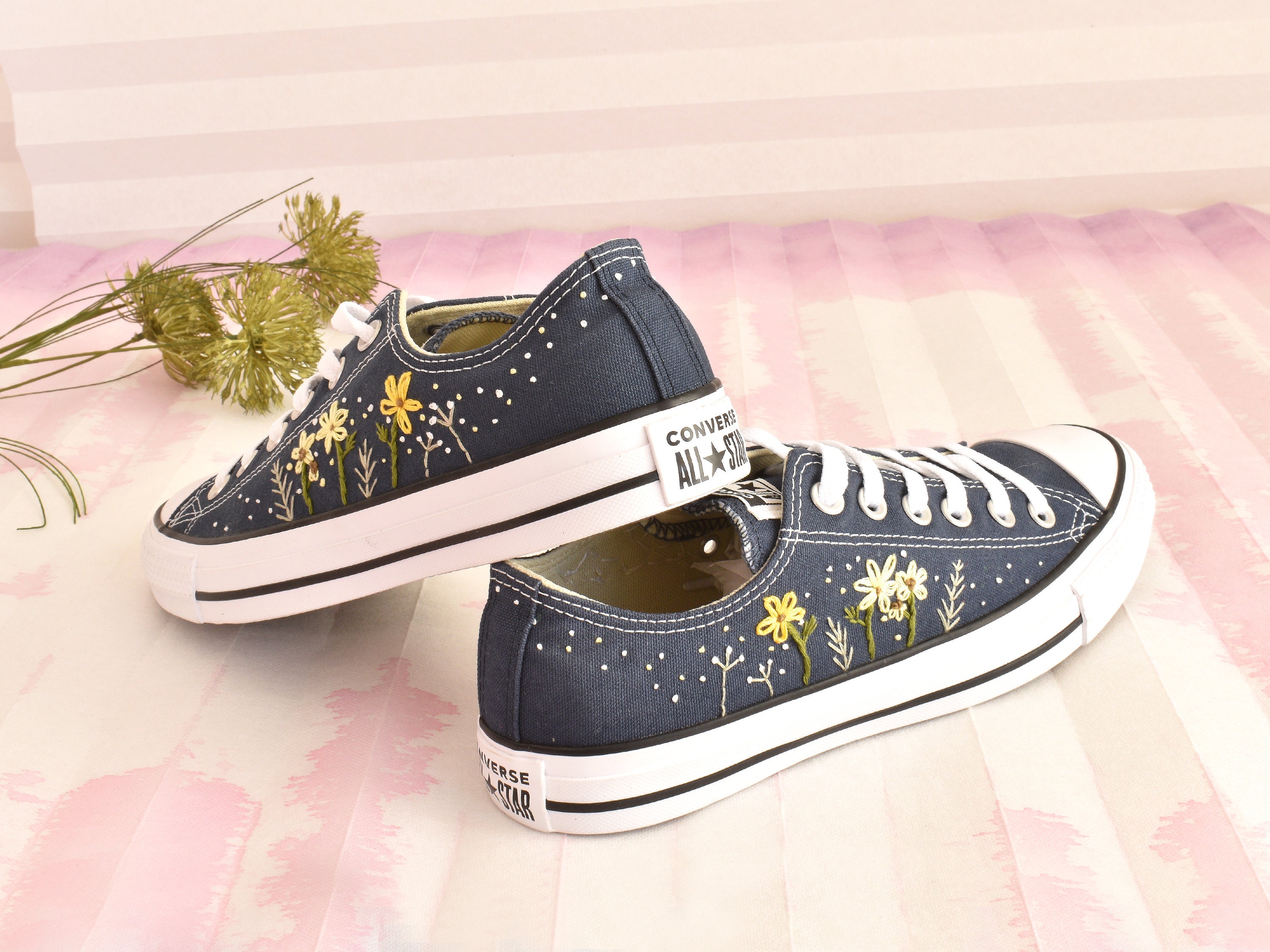 Embroidered Converse Custom Sneakers With Wildflowers & Daisies 