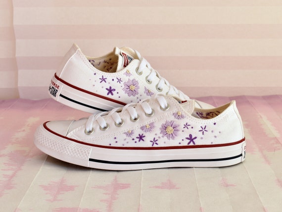 Embroidered Converse Sneakers With Lilac Daisies Purple Flowers. Custom Flat Wedding Shoes Personalized With Your Color Palette and Date. Etsy