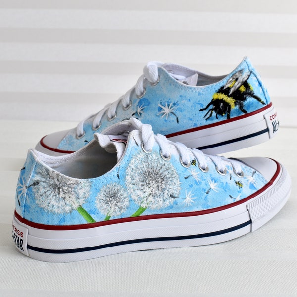 Custom Converse Sneakers, Dandelion and Bee Painting on Custom Painted Shoes, Personalized Gifts for Women.