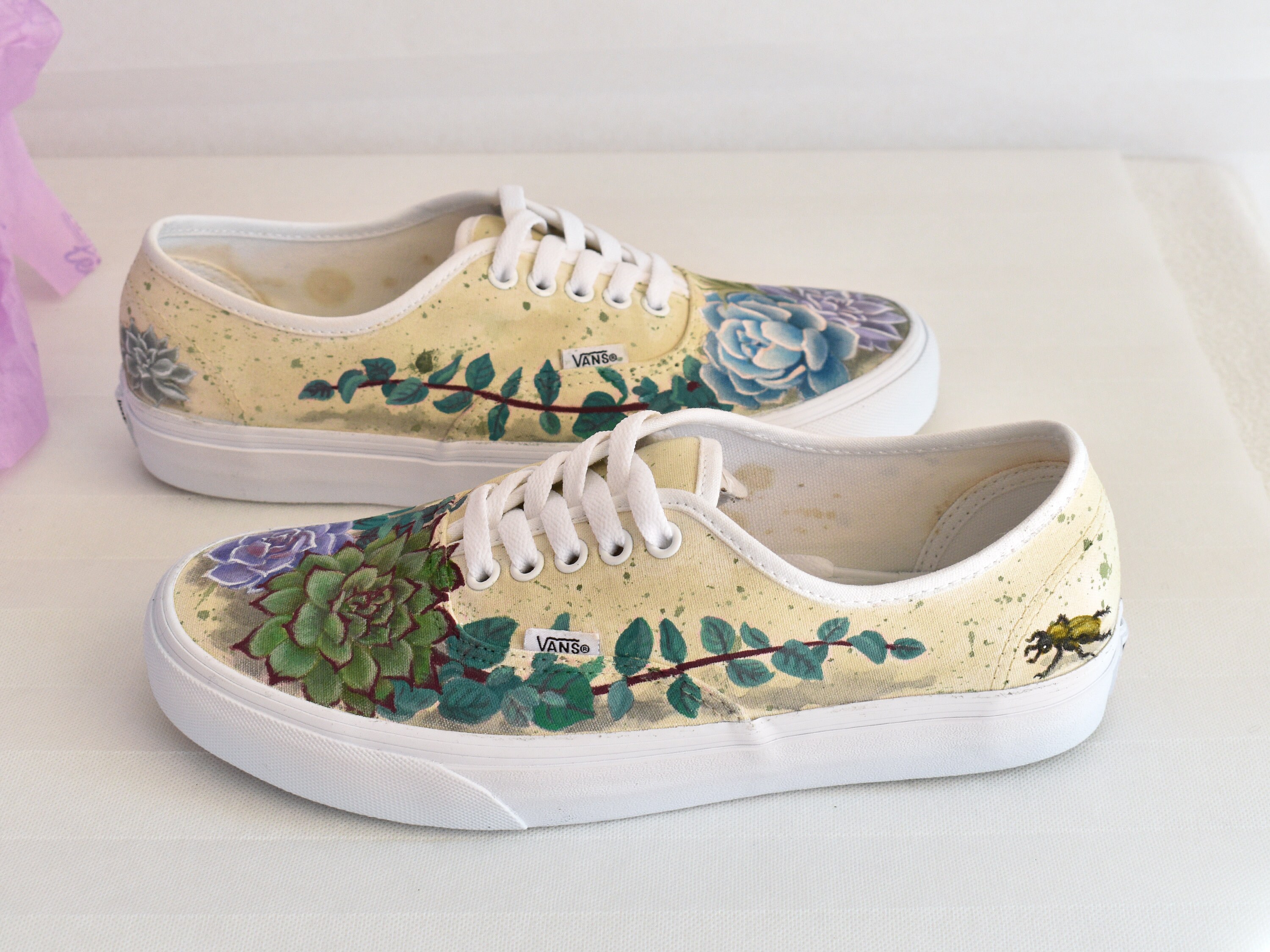 Custom Vans Shoes, Painted Shoes With Succulents and Bugs 