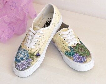 Custom Vans Shoes, Painted Shoes with Succulents and Bugs, Personalized Sneakers with Cacti & Eucalyptus Leaves. Cottagecore Wedding Flats.