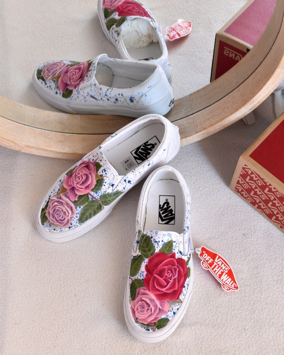Custom Vans With Pink Red Roses Floral -
