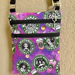 Fabric crossbody bag coffee theme park print