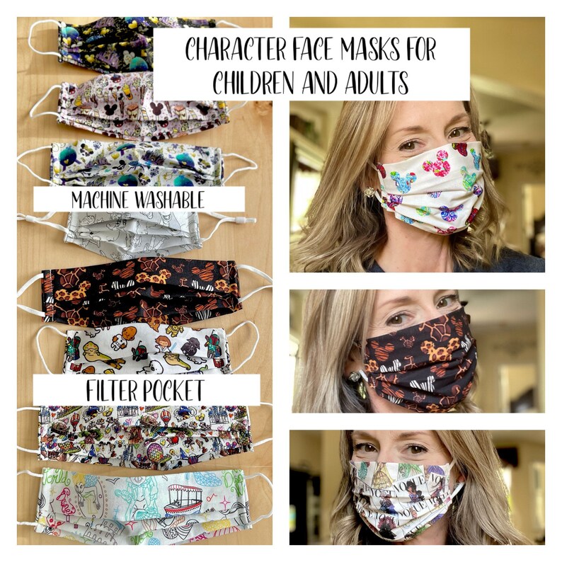 Handmade fabric face mask w/filter pocket ear loop with theme park designs. Three sizes - kids and adults. 