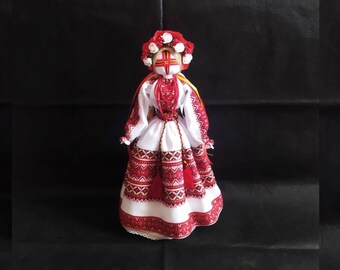 Decorative interior doll, Ukrainian doll, Ukrainian girl in an embroidered dress, Girl in a wreath with ribbons and a long braid