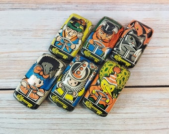 Toy metal cars with cartoon characters, Rare collectible toy cars, Metal toy car, Metal car toy, Old toy car, Set of 6 pcs