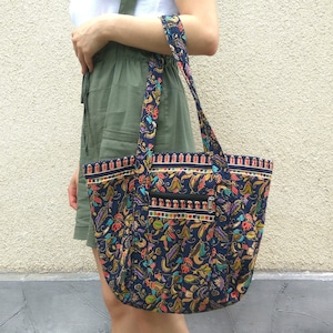 Damentasche, Blaue Tasche, Florale Tasche, Stofftasche, Stylische Tasche
