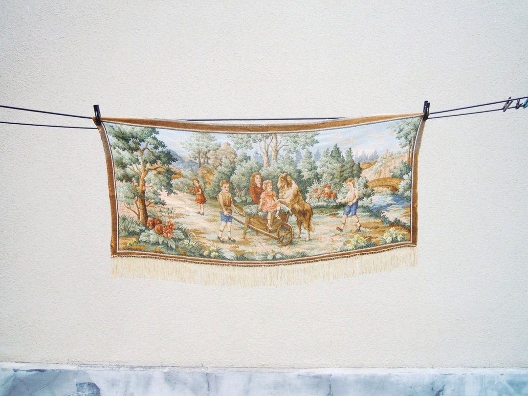 Wall Tapestry, Wall Hanging Decor, Kids Playing With a Dog, Collie Dog ...