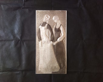 Metal wall decor, Girls, Two girls with long braids in dresses, Embossed picture, Pressure picture, Relief wall art