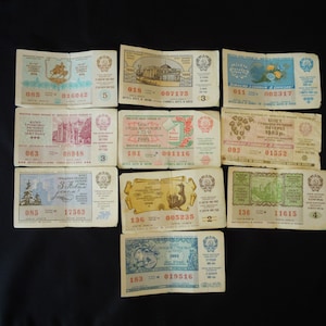 Loteria ZSRR, Bilety na loterię, Bilety na loterię pieniężną, Loteria lat 90., Radziecka loteria, Stara loteria, Retro loteria, Zestaw 10 sztuk