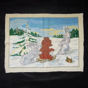 Old embroidery, Antique hand embroidery, Ukrainian embroidery, Cute animals, Hares pulling a bear on a sled, Christmas decor