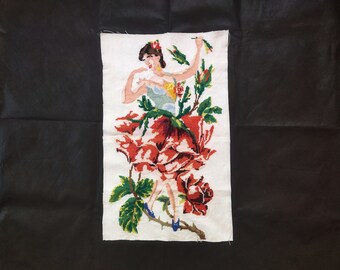 Wall hanging embroidery, Embroidered picture, Hand embroidery, Floral embroidery, Girl in flowers, The girl on the rose, Old embroidery