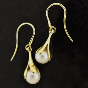 14k Pearl Dangle Earrings, Solid Gold Pearl Flower Drops, June Birthstone Earrings
