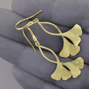 Gold Double Ginkgo Leaf Earrings, Solid 14k Ginkgo Dangle Earrings, Gold Leaf Earrings, Long Drop Earrings