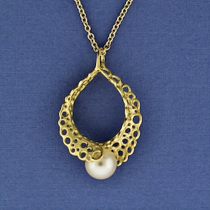 Solid 14k Gold & Pearl Lace Design Pendant, June Birthstone Charm