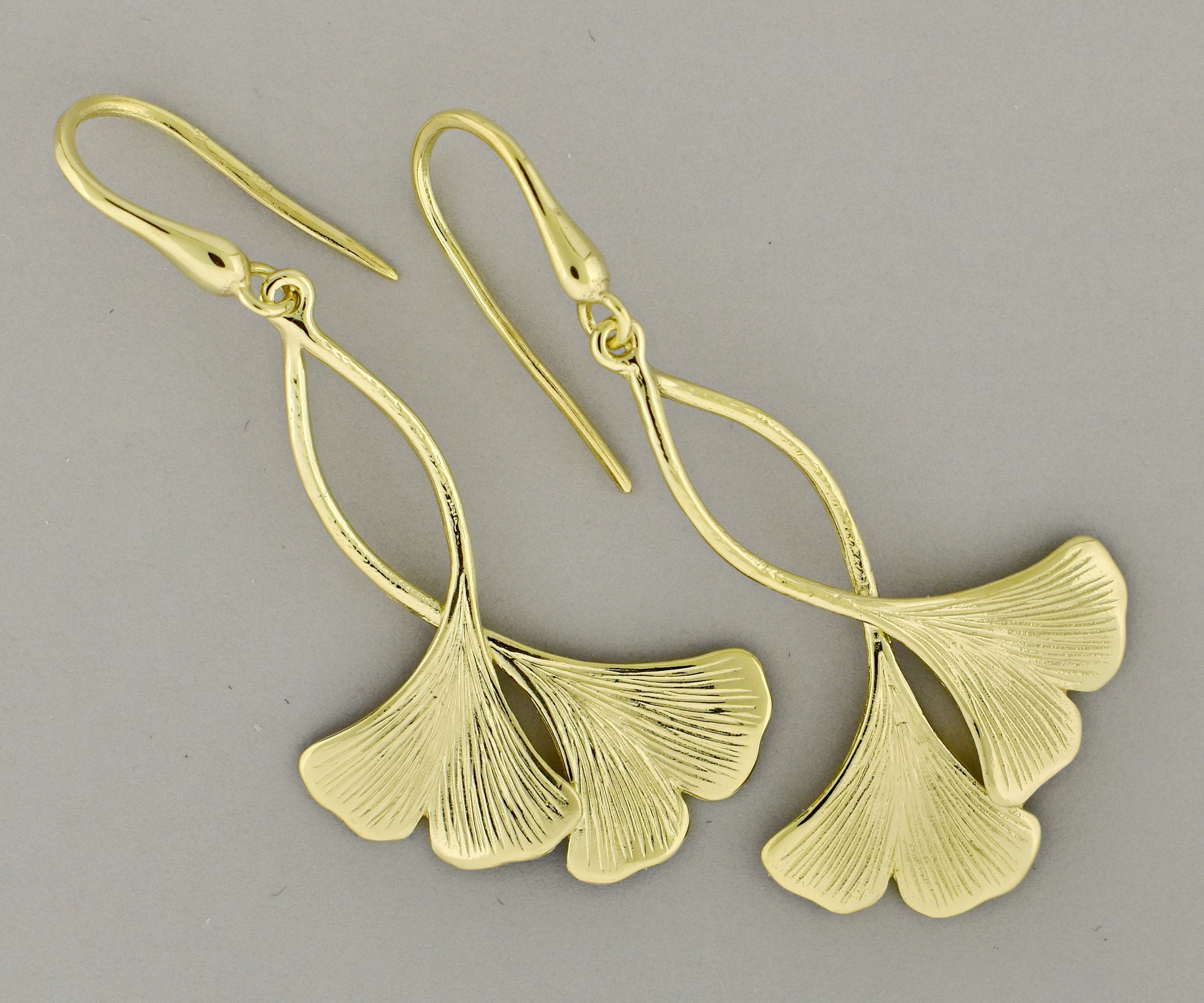 Gold Double Ginkgo Leaf Earrings Solid 14k Ginkgo Dangle Etsy