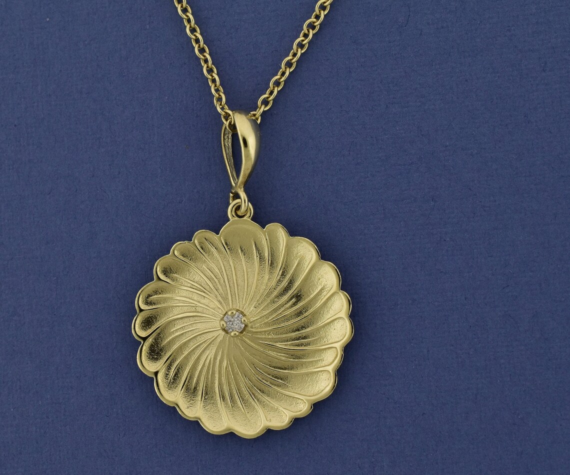 Solid Gold Diamond Medallion Pendant Unique 14K Disc Etsy