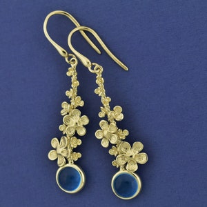 Blue Topaz Floral Drop Earrings, 14K Gold Long Dangles, Something Blue for Bride