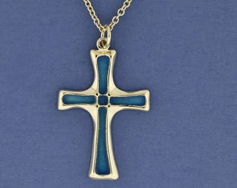 Solid 14k Gold Cross Pendant with Blue Enamel, Christian Jewelry from Israel