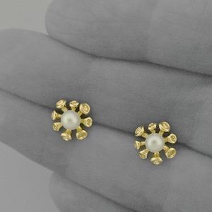 Pearl Flower Studs, Dainty 14K Earrings, June Birthstone, Little Pearl Post Earring