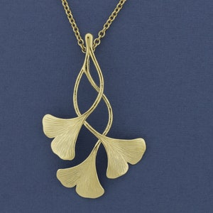 Triple Ginkgo Leaf Pendant, Solid 14k Gold