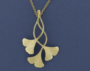 Triple Ginkgo Leaf Pendant, Solid 14k Gold with Optional Chain