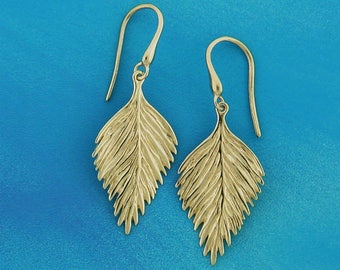 Gold Leaf Dangle Earrings, Solid 14K Drops, Light Weight 14k Earrings, Trendy Leaf Dangles