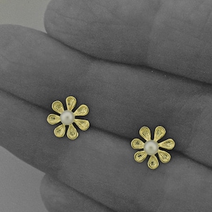 Tiny Pearl Flower Studs, Dainty 14K Earrings