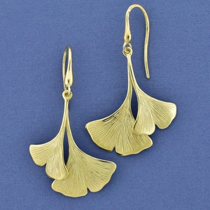 14k double Ginkgo Leaf Earrings, Solid Gold Leaf dangles