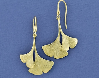 14k double Ginkgo Leaf Earrings, Solid Gold Leaf dangles