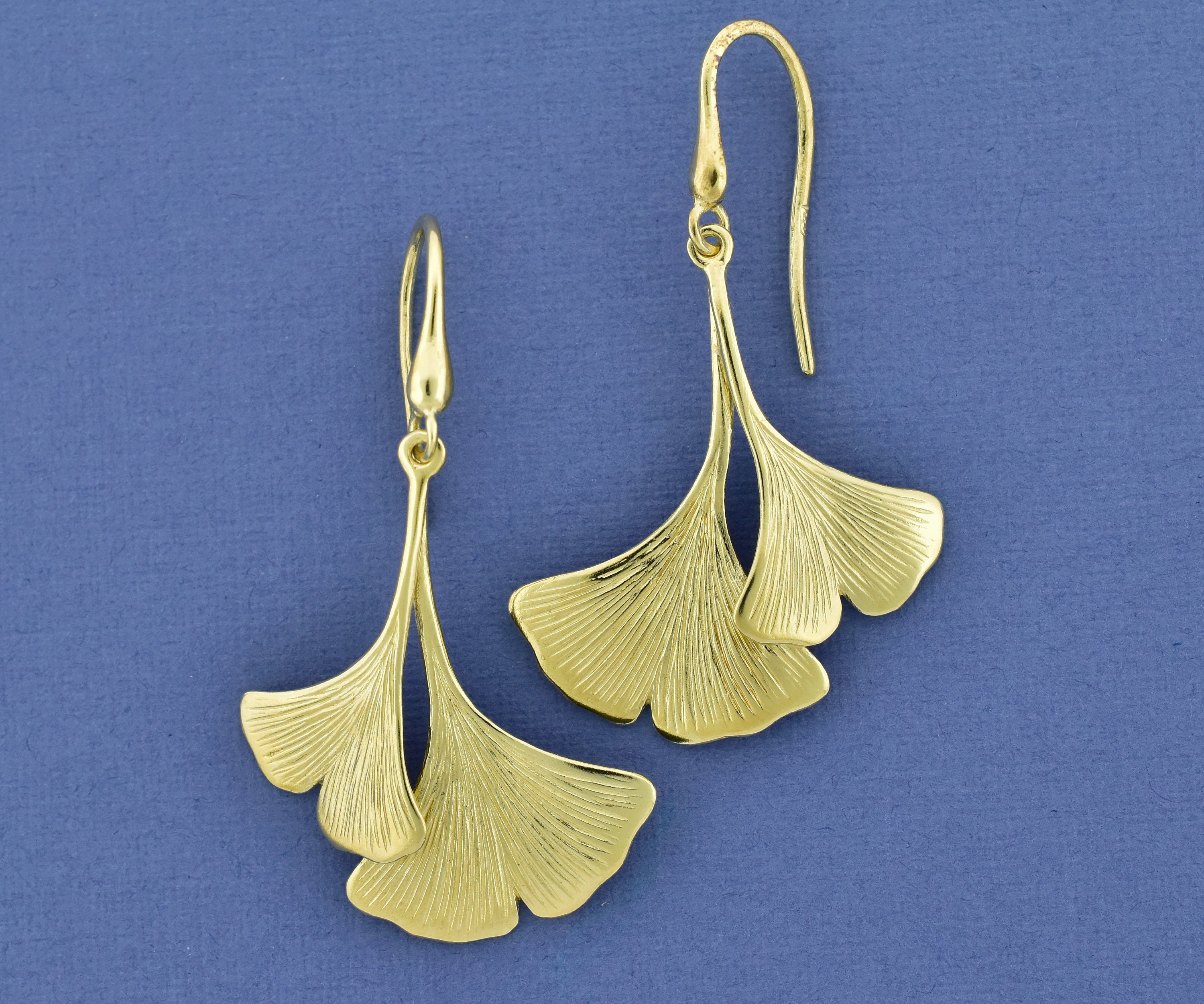14k Double Ginkgo Leaf Earrings Solid Gold Leaf Dangles Etsy Uk