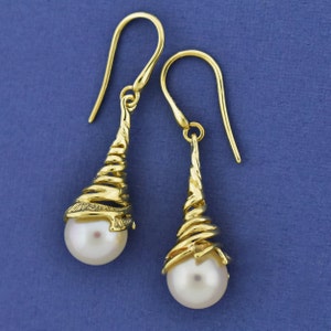 14K Pearl Dangle Twist Earrings, Solid Gold Pearl Drops, June Birthstone Bridal Earrings