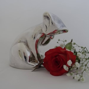 Silver Kitty Licking Paw | Sitting Cat Statue | Housewarming Gift For Cat Lover | Art Object